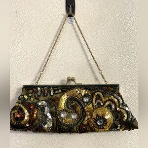 Sequin Beaded Clutch Handbag Kiss Lock Satin Convertible Byzantine Chain